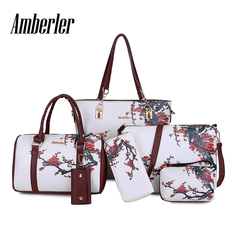 Bolsas de Couro do Plutônio Bolsas para Mulher Amberler Luxo Feminino Impresso Bolsas Designer 6 Peças Conjunto Ombro Crossbody Grande Tote