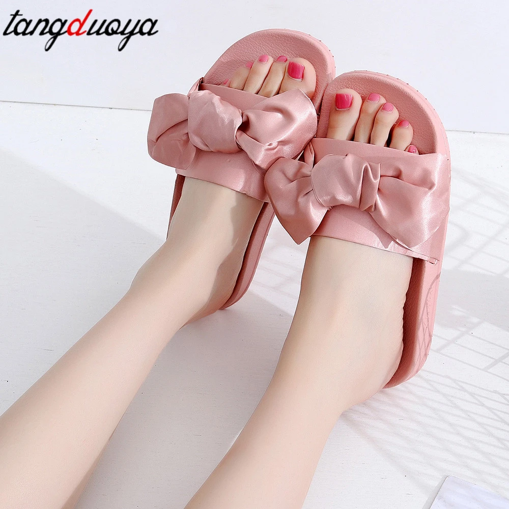 Zapatillas deslizantes lazo de seda para mujer, de playa, chanclas de tacón plano, sandalias bohemias Rihanna para mujer|Zapatillas| - AliExpress