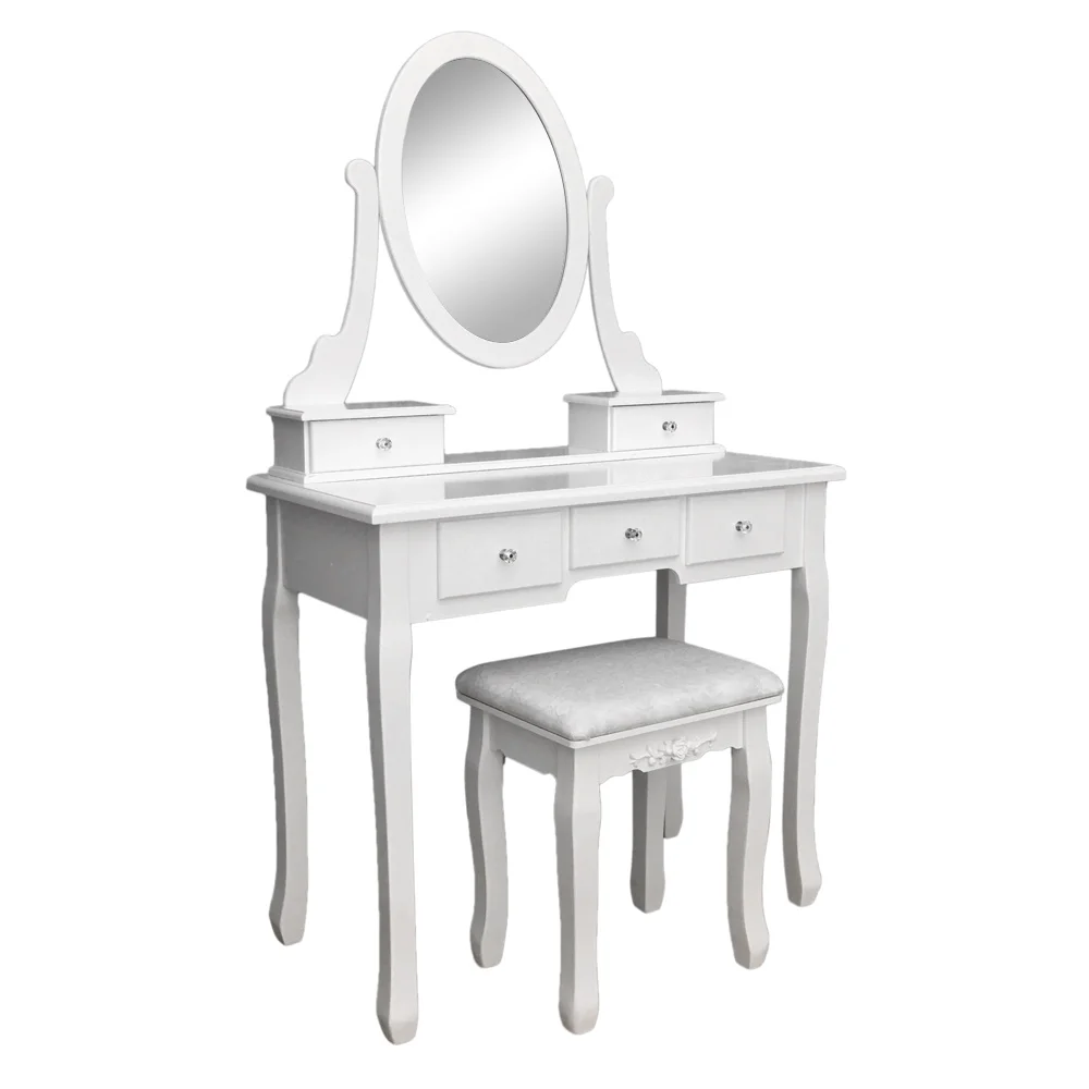 

Vanity Dressing Table White Finish with Seat 360 Degree Rotation Single Mirror White Plush Dresser Make Up Table, Room Decor