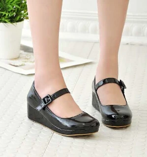 XingDeng/женские туфли-лодочки на высоком каблуке для костюмированной вечеринки; милые женские туфли из лакированной кожи на танкетке в стиле Лолиты; большие размеры 34-43 - Цвет: black