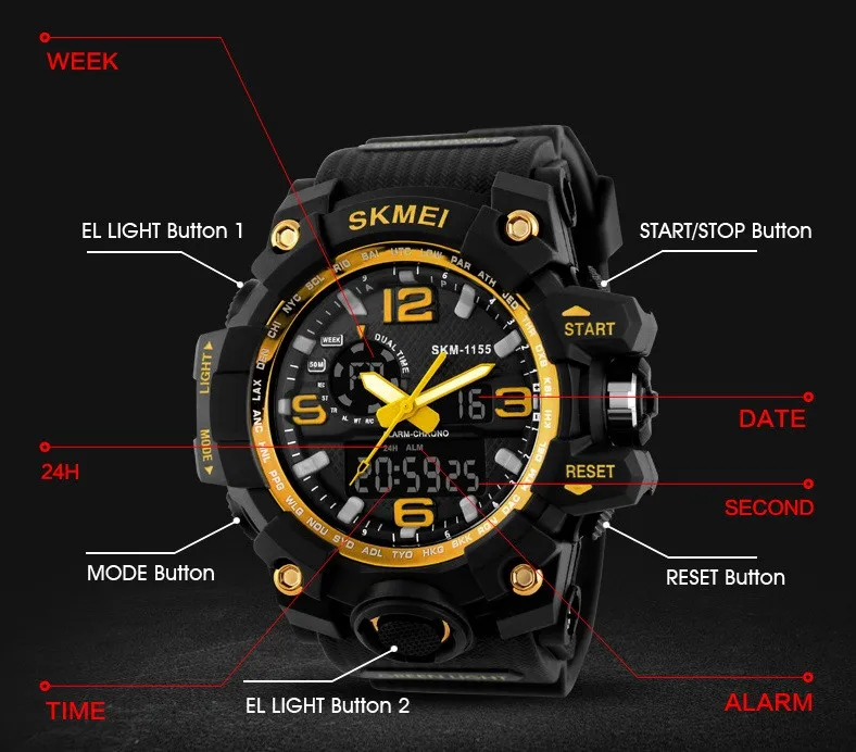 SKMEI мужские спортивные часы с большим циферблатом, кварцевые цифровые часы для мужчин, люксовый бренд, светодиодный, военные, водонепроницаемые мужские наручные часы, новинка, S Shock