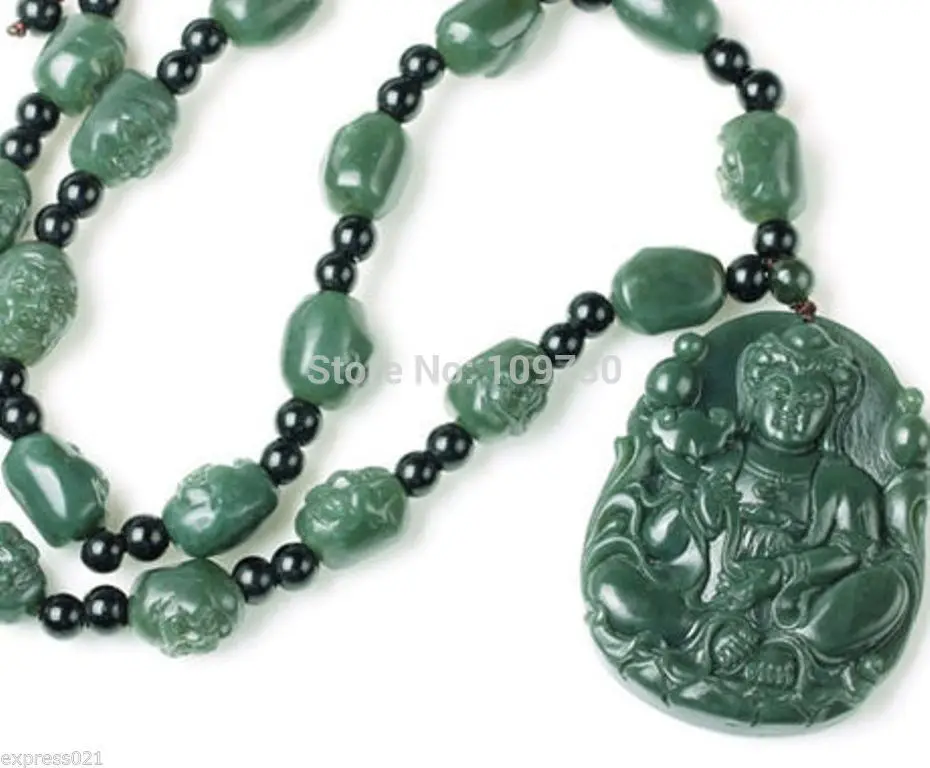 

Jewelr 00422 Rich 100% Natural Hetian Jade/Nephrite Eighteen Arhats Kwan-yin Pendant Necklace