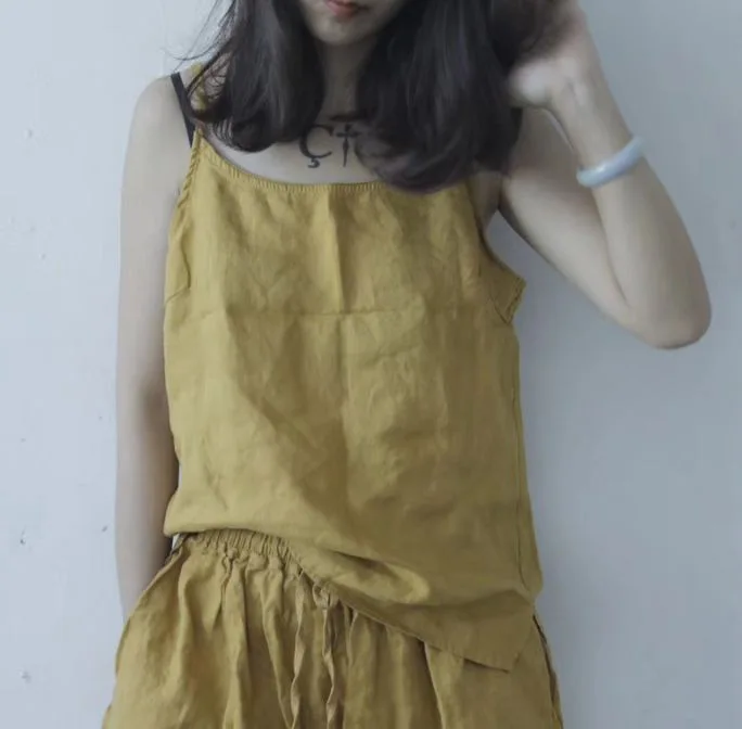 

Women Summer Solid Color Vintage Linen Camis Ladies Loose Tops Retro Flax Camis Spaghetti Strap Tops Female 2019