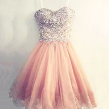 Spitze Kurze Heimkehr Kleider 2015 A-line Spaghetti-trägern Rosa Wulstige Kristalle Mini Cocktailkleider Graduation Kleid