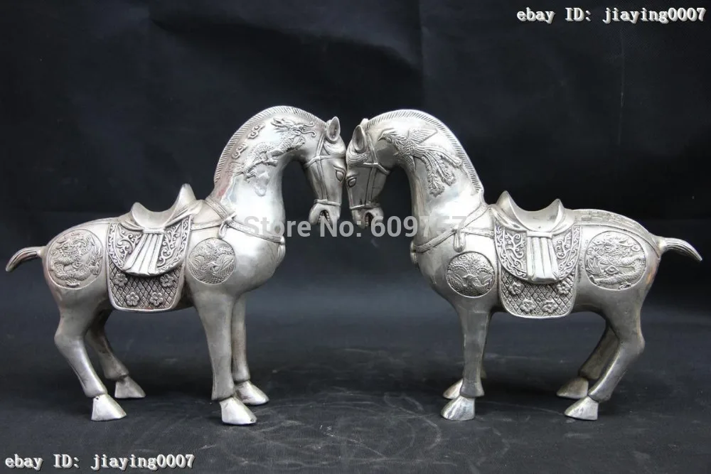 

rare China Royal White Copper Silver Feng Shui Lucky Dragon Phoenix Horse Steed Pair Art Statue gift art bronze Genuine copper