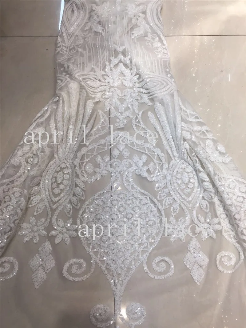 

Новинка 2018, в наличии, zpp005 #5 ярдов, роскошное белое Сетчатое Африканское кружево с вышивкой и блестками для свадебного платья