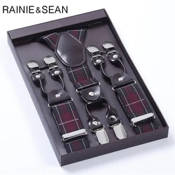 RAINIE SEAN Mens Trousers Suspenders Braces 6 Clips Wedding Red Plaid Trouser Braces Vintage Male Suspenders For Shirt RAINIE SEAN Mens Trousers Suspenders Braces 6 Clips Wedding Red Plaid Trouser Braces Vintage Male Suspenders For Shirt