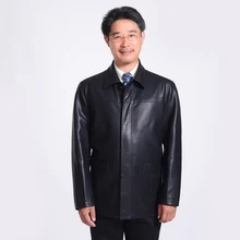 Middle Aged Mens Black Leather Jackets Man Zipper Turn Down Collar Split Sheep Leather Coat Jaqueta de Couro Essential Outwear