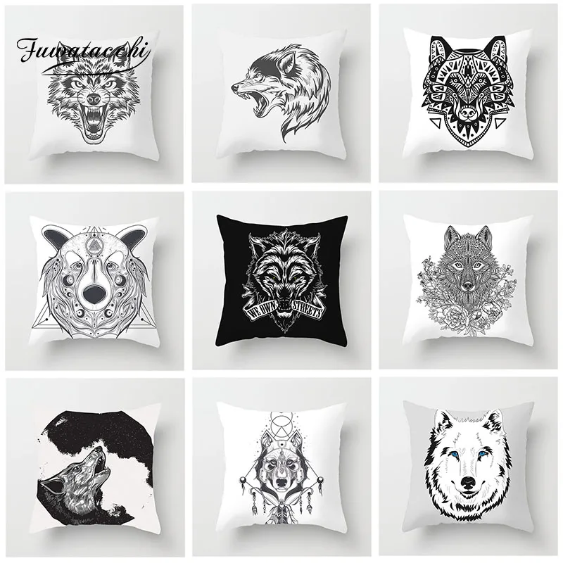 

Fuwatacchi Animal Cushion Cover Wolf Head Simple Painting Pillow Cover For Home Sofa Chair Car Decorative White Pillowcases