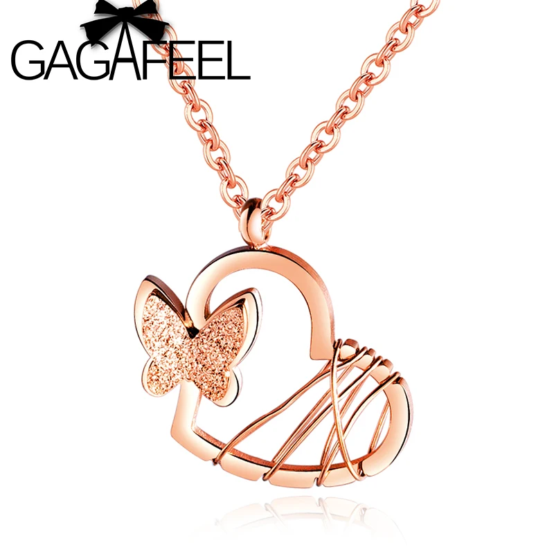 

GAGAFEEL Butterfly Heart Necklace Simple Stainless Steel Pendant For Female Rose Gold Butterfly Chain For Women Jewelry Gift