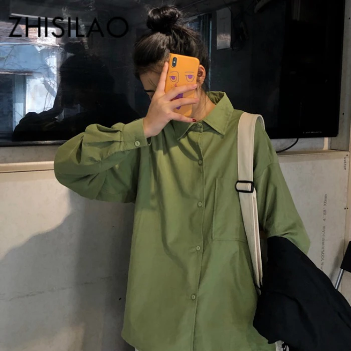 

Solid Green Blouse Women Plus Size Long Sleeve Blouse Mujer Maxi Oversize Blouse Cotton Loose Shirt Femme Vintage Boyfriends