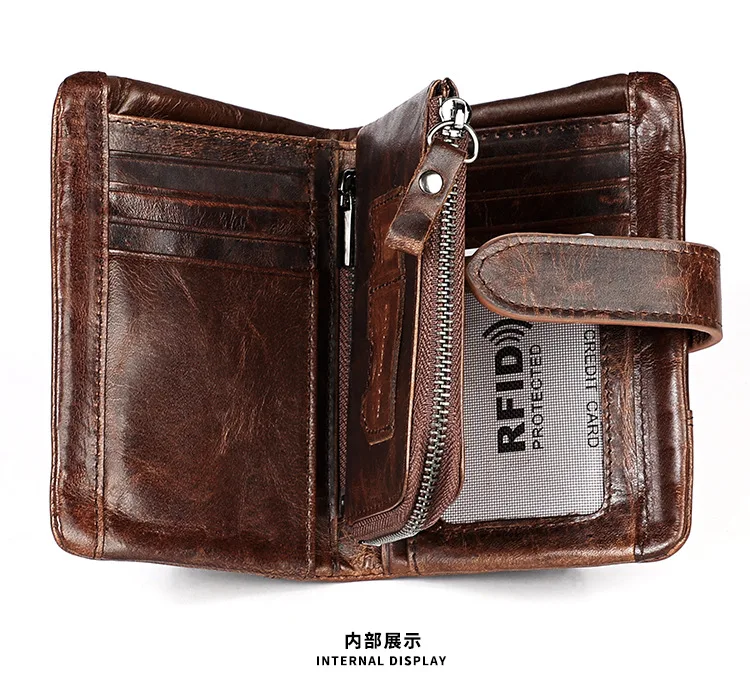 Genuine Crazy Horse Leather Wallet Men RFID Protection Removable Coin Purse Male Patchwork Designer Credit Card Wallet carteira