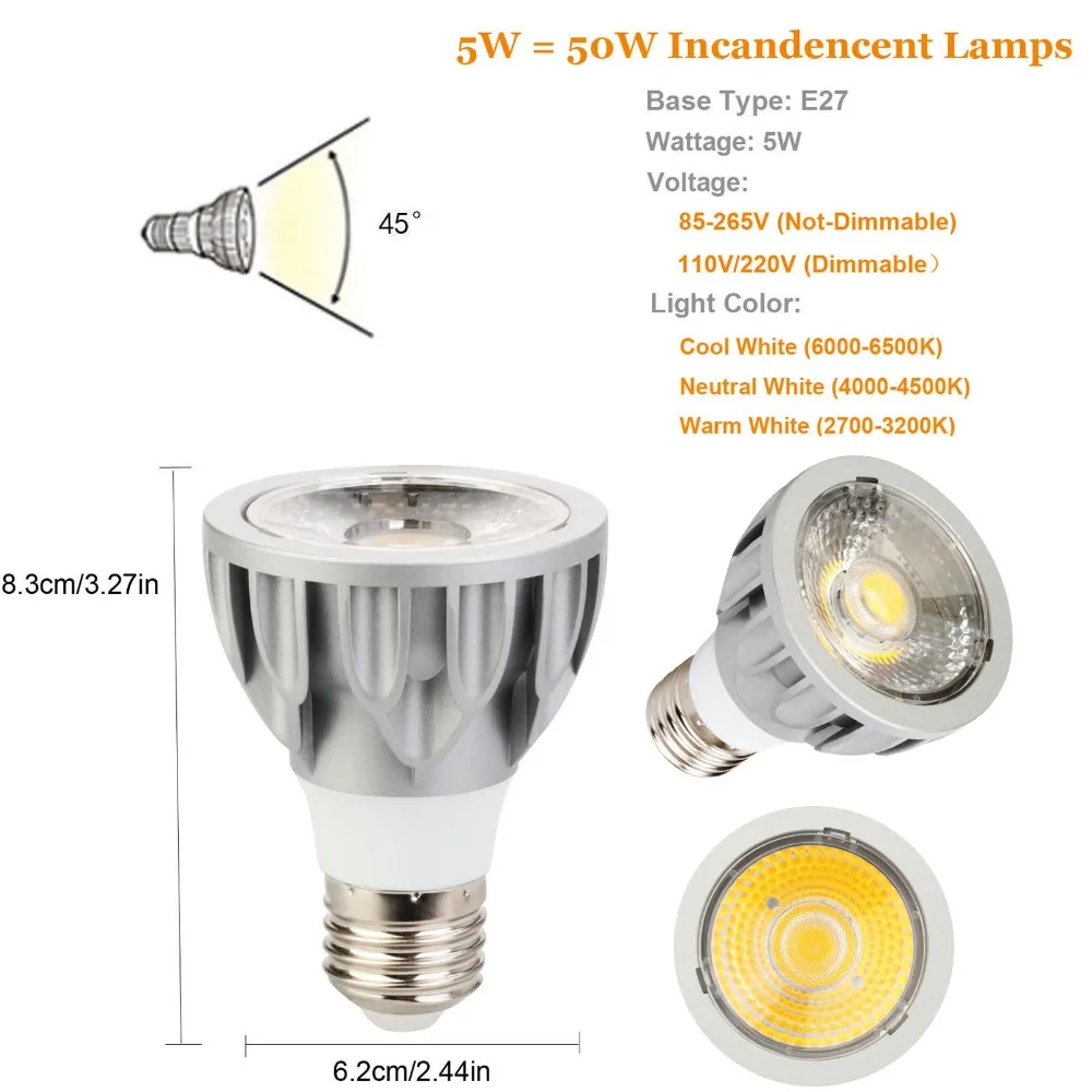 Высокая Мощность E27 PAR20 5 W 110 V 220 V светодиодный свет лампы Освещение в помещении Прожекторы заменить 50 W галогенные лампы AC 85-265 V