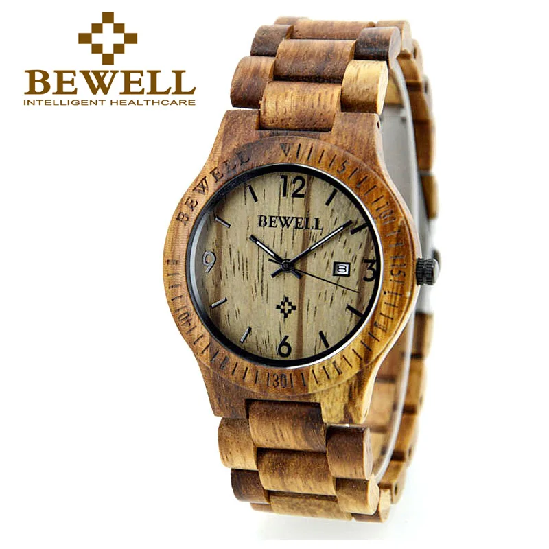 

BEWELL Wooden Watch Men Round Case and Calendar Display Japan Quartz Movement Male Relogio Watches with Box as Gift 086B