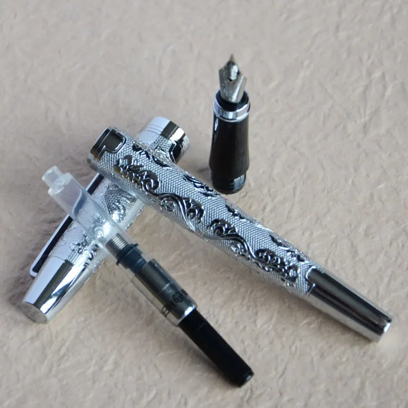 Перьевая ручка среднего размера, перо для Hero 103, элегантное серебро с Цветочным Тиснением, не оригинальная коробка, как на изображении
