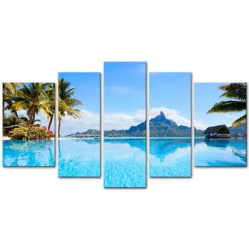 

Modern Canvas Painting 5 Pcs Island Blue Seawater Landscape Painting HD Print Ocean Scenery Picture For Living Room No Frame