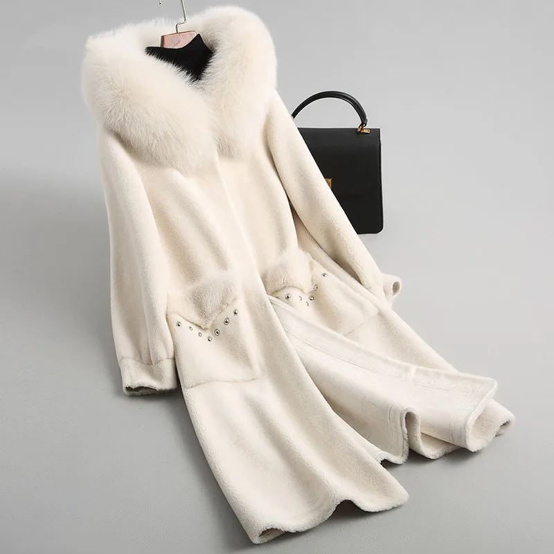 Manteau Femelle Renard Veste Z397 Cisaillement À Fourrure Naturel Mode Vison De beige1 Femmes Mint Laine Longue Green Nouveau Capuchon Hiver Poche Réel beige0 vatUzaY