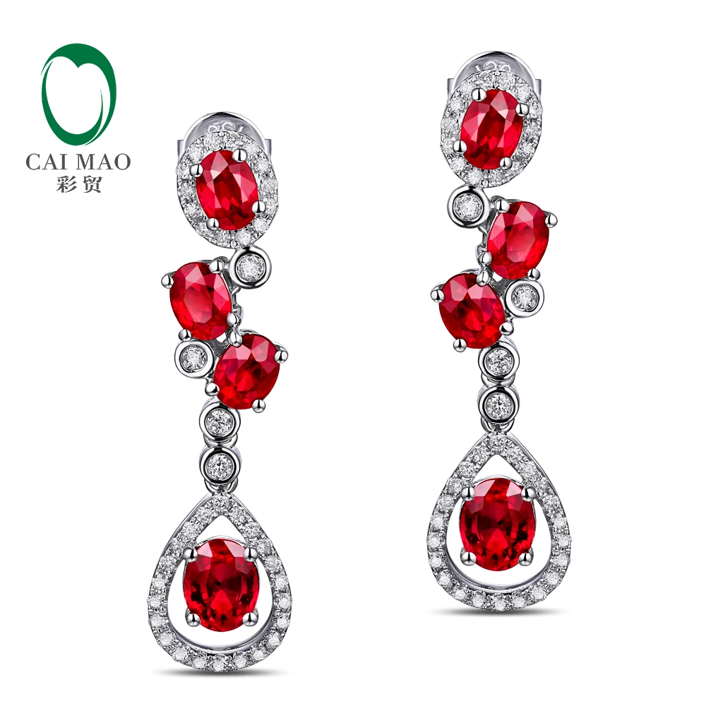 

CaiMao 18KT/750 White Gold 2.69ct Natural Red Ruby 0.39ct Round Cut Diamond Engagement Gemstone Earrings Jewelry