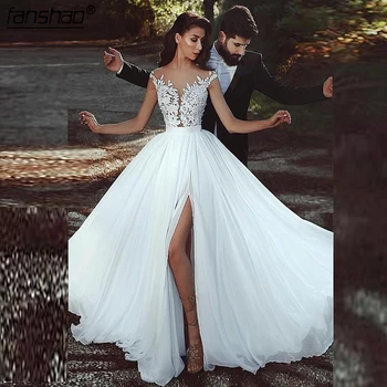 

High Split Vestido De Noiva 2019 Muslim Illusion Wedding Dresses A-line Chiffon Lace Slit Beach Dubai Arabic Wedding Gown Bridal