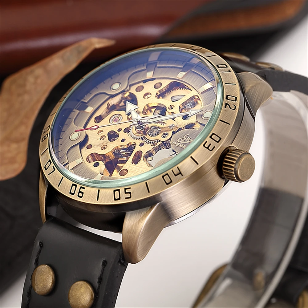 

SHENHUA Retro Bronze Skeleton Mechanical Watch Men Automatic Watches Sport Luxury Top Brand Leather Clock Relogio Masculino