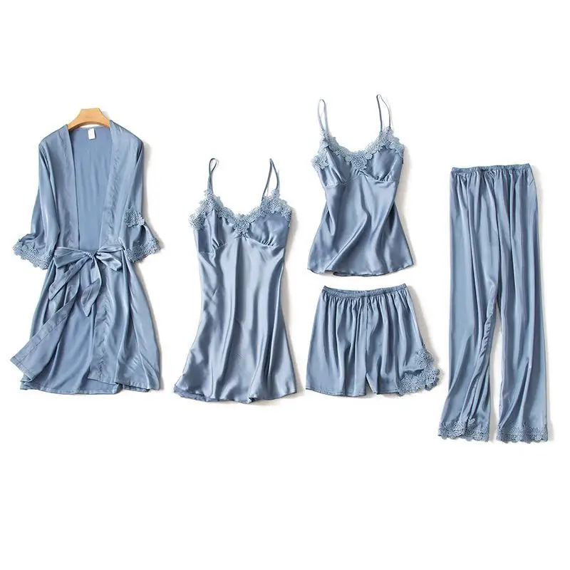 5 шт. пижамный комплект, ночная рубашка, домашняя одежда, халат, сексуальная женская пижама с кружевными рукавами, неглиже, темно-синий, элегантное кимоно, Халат - Цвет: Серый