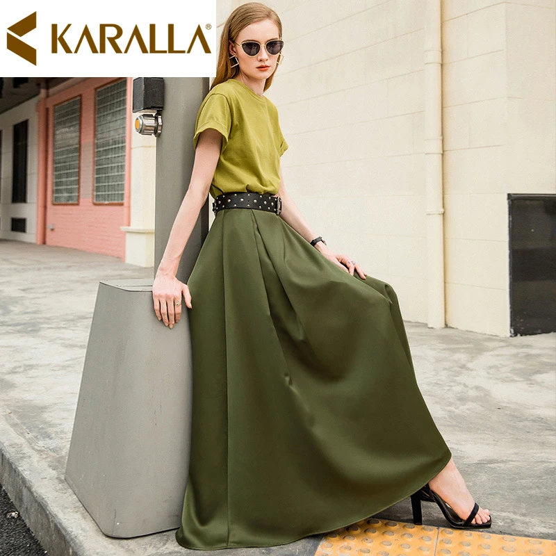 

Temperament Women Two Pieces Suit Sets 2019 Summer Solid T-shirt + Ankle-Length Skirt Army Green C922