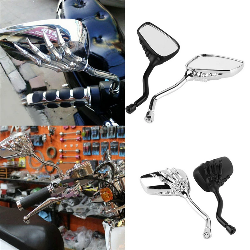 2X Universal Motorcycle Chrome SKELETON Skull HAND Claw Side Rear View Mirrors 8mm to 10mm 2018