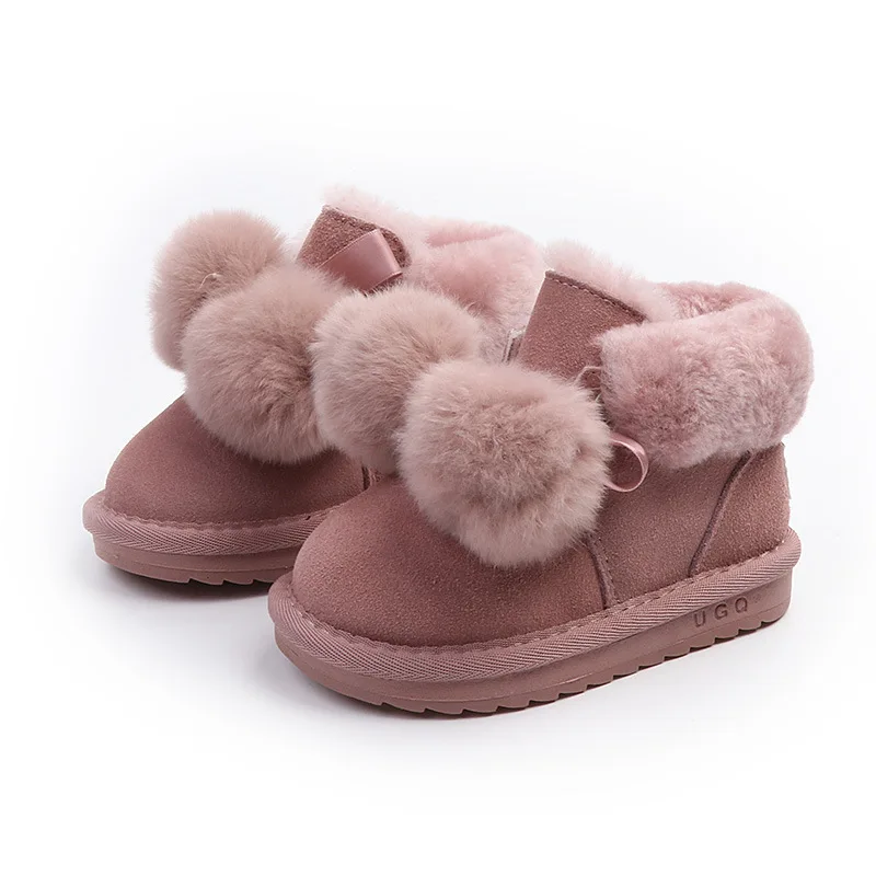 

Girls Boots Winter Baby Shoes Cute Plush Balls Princess Shoes Scrub Cowhide Upper Children's Felt Boots Thick Fur Warm Footwear