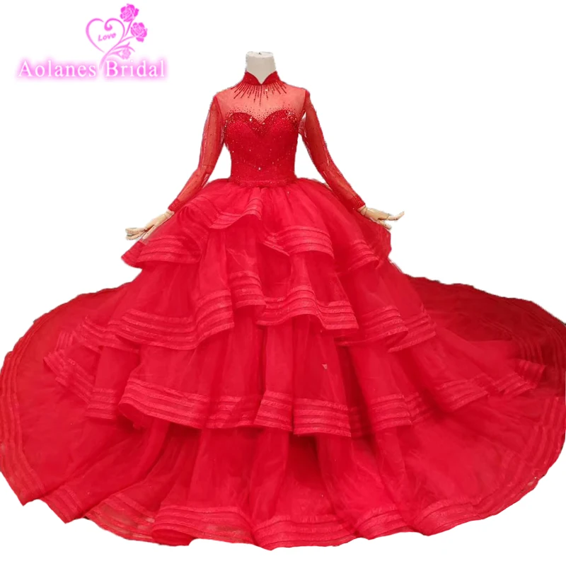 Elegant Lace High Neck Prom Dress Red Crystal Evening 2019 Ball Gown Puffy Skirt Layers Ruffless For Wedding Party | Свадьбы и