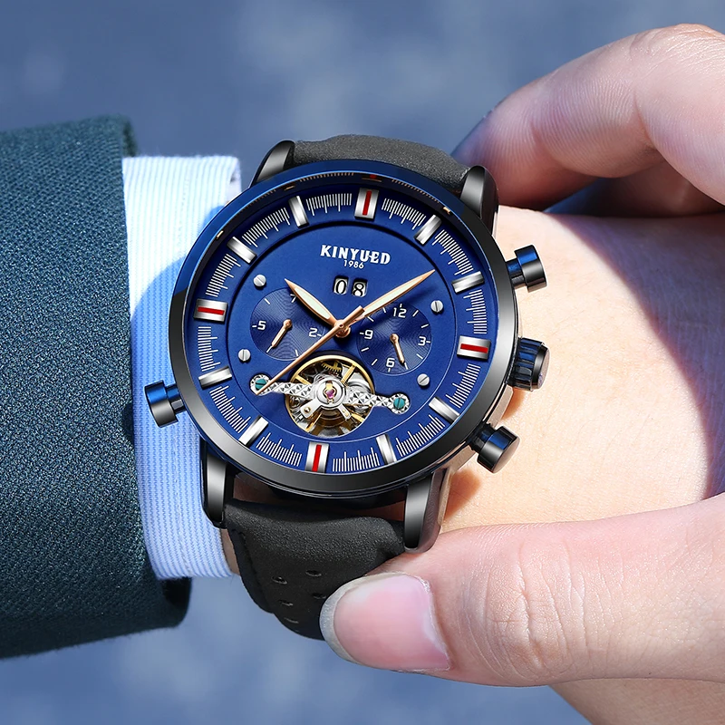 

KINYUED Fashion Men Watches Automatic Mechanical Waterproof Tourbillon Mens Watch Leather Business Calendar Skeleton Wristwatch