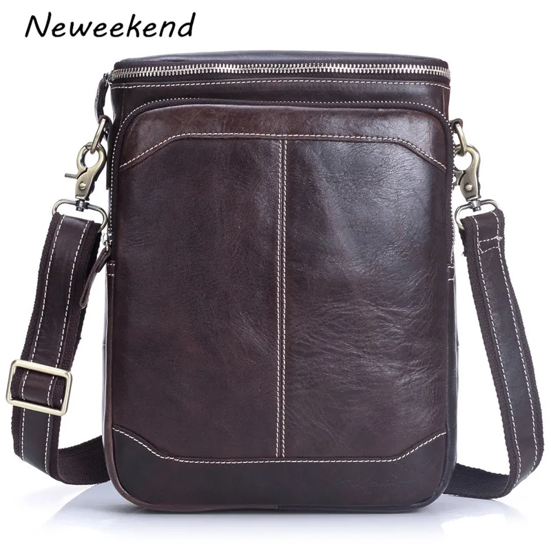

NEWEEKEND Men's Genuine Max Oil Leather Business Bag Thin Slight Simple Crossbody iPad Bags Messenger Male for Men