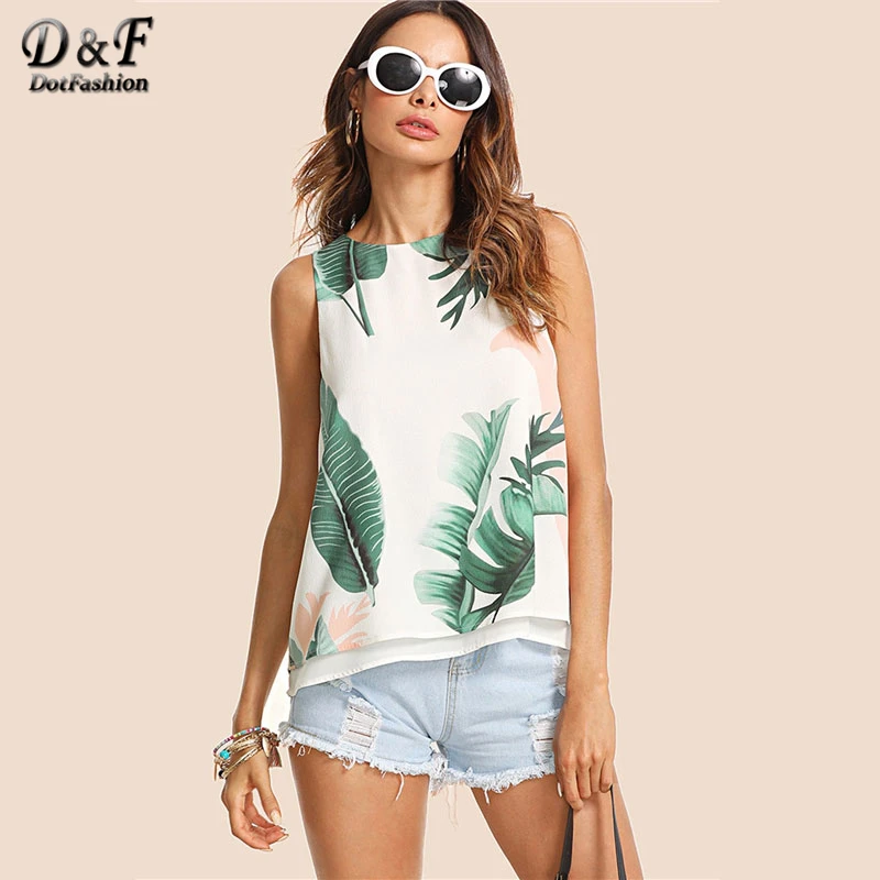 

Dotfashion Slit Layered Back Tropical Textured Top Women 2019 Summer Boho Women Tops Vests Sleeveless White Plants Print Tanks