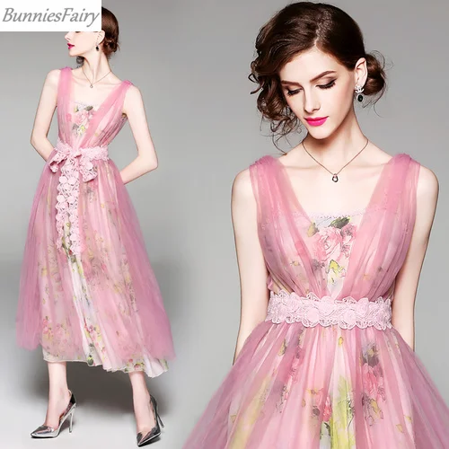 BunniesFairy 2019 летнее женское шифоновое Сетчатое длинное платье средней длины с