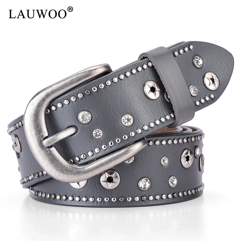 Fashion Rhinestone Genuine leather belts for women Luxury Wide Pin