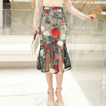 

Summer Spring Fashion Womens High Waisted Embroidered Flower Ruffles Trumpet Skirt , 2019 New Korean Female Women Slim Skirts