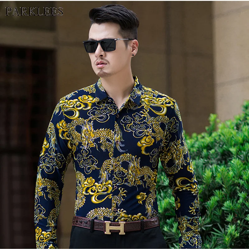 Gold Dragon Print Sexy Shirt Men Slim FIt Long Sleeve Mens Dress Shirts ...