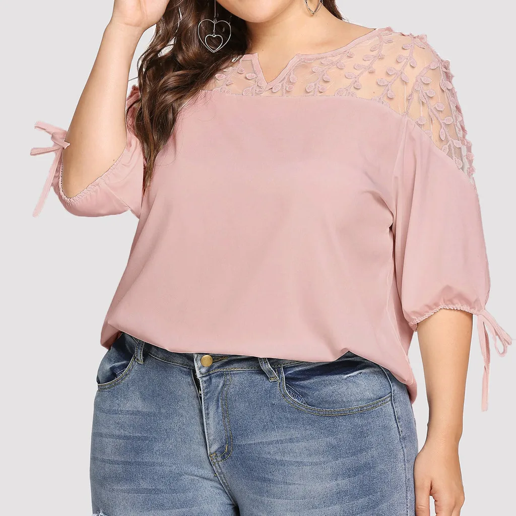 Plus Size Summer Fashion Casual Chiffon Tops Bow Blouse Mesh Tee Top Female Women's Half Sleeve Shirt  