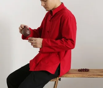Для мужчин s Китайский Традиционный Тан костюм льняные Топы кунг-фу с длинным рукавом хлопковая блузка рубашка Hanfu форма для кунгфу для мужчин - Цвет: Red1