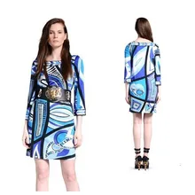 В Новинка г. красивый синий Геометрические печати рукавом получить эластичные вязание тонкий платье