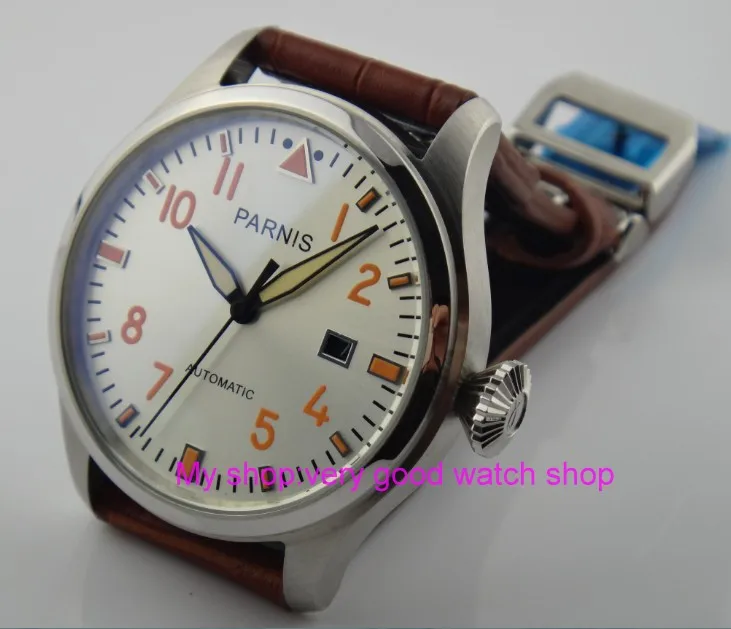 

47mm big PARNIS white dial Automatic Self-Wind movement Auto Date men watches luminous with hands Mechanical watches 18SY