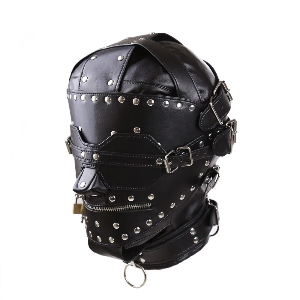 

PU Leather Adjustable Fetish Bondage Mask With Open Mouth Zipper And Lock Blindfold For Blindfold Black Halloween Cosplay Mask