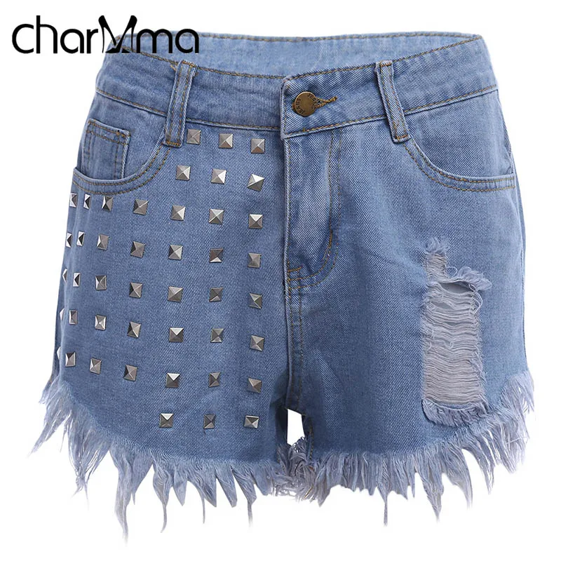charMma 2017 Vintage Rivet Denim Shorts Women Summer Short Jeans Ripped Frayed Hem Zipper Bottoms Sexy Pockets Hot |