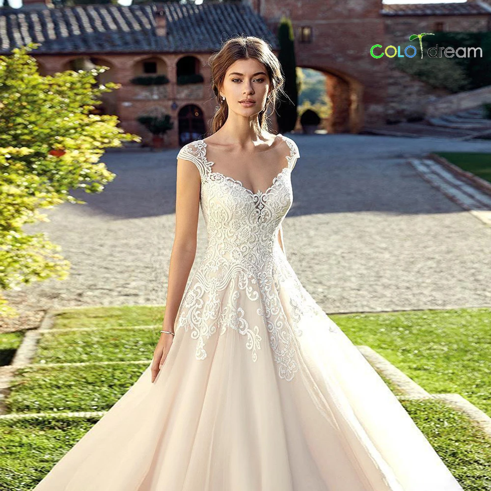 wedding dress A line chapel train vestido de novia scoop lace sexy | Свадьбы и торжества