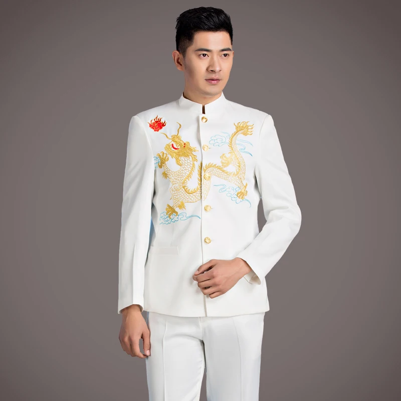 (jacket+pants) Men suits Chinese style Costume Studio black white embroidered tunic youth dress suit Male Wedding groom clothing (jacket+pants) Men suits Chinese style Costume Studio black white embroidered tunic youth dress suit Male Wedding groom clothing