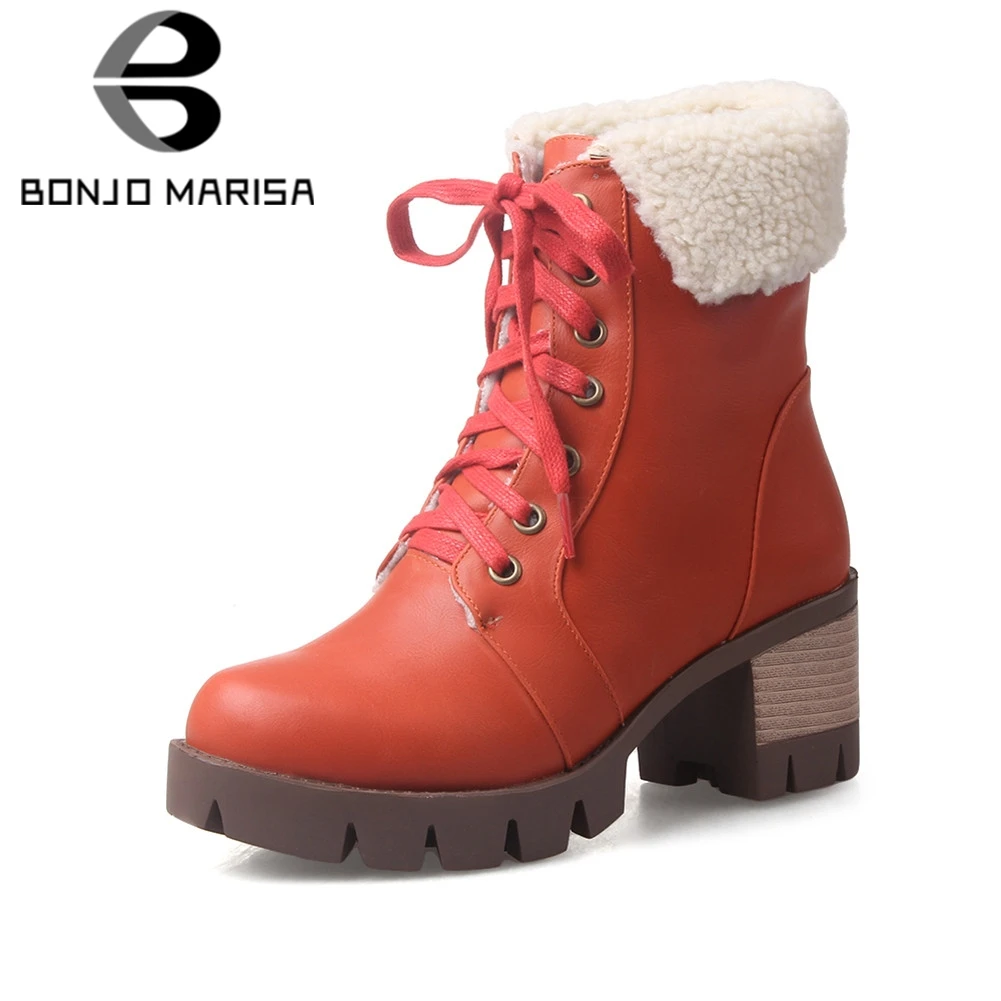 

BONJOMARISA New Snow Boots 2019 Solid High Heels Lace Up Platform Shoes Woman Casual Winter Warm Ankle Boots Big Size 33-43