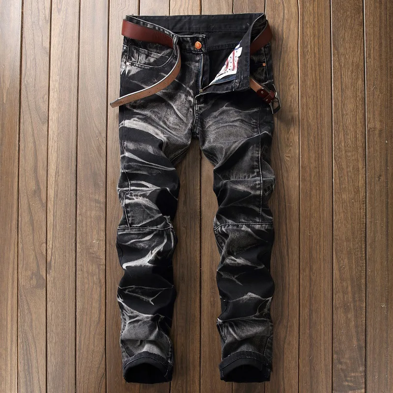 Fashion High Quality Retro Men Gold Painting Jeans Coated Slim Straight Pleated Biker Jeans Pants Male Denim Casual Pants 42 3