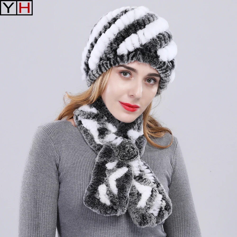Горячие Зимние женские наборы шарф шапка из натурального меха женские теплые вязаные шапки из меха кролика рекс шарфы женские натуральный мех шапка шарф