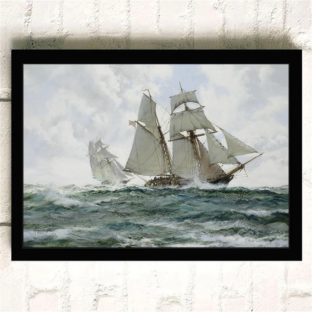 Vintage Noridc High Quality Silk Painting about Ship Sailboat Poster Wall Pictures for Living Room Kids Room Decoration Cuadros - Цвет: Светло-зеленый