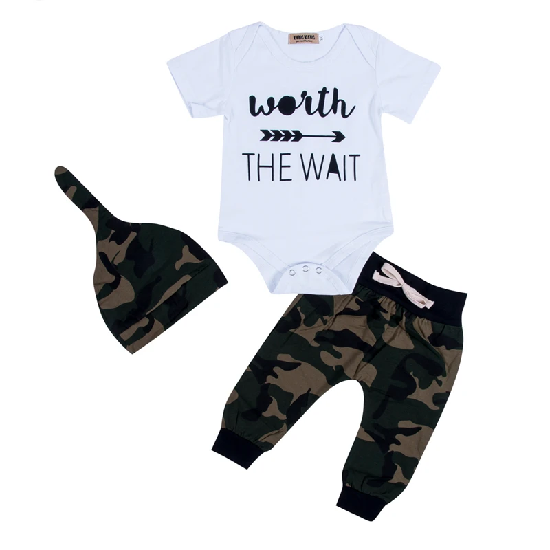 

Fashion Casual Newborn Toddler Infant Baby Boy Short Sleeve Letters Printed Romper Top & Camo Pants Hat 3PCS Outfits Clothes Set