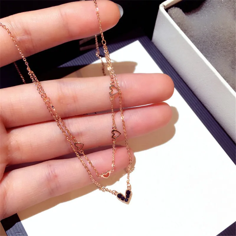 

Charmwin New Short Necklaces For Women Necklaces Pendant Rose Gold Color Rhinestone Heart Double Layers Clavicle Necklace Women